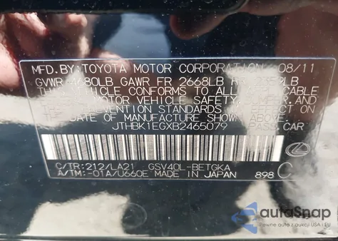 2011 Lexus Es 350 from USA, damaged, VIN JTHBK1EGXB2465079